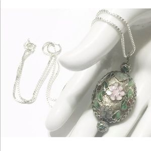 Rare Vintage Chinese Silver 925 Enamel Pendant Chain Necklace